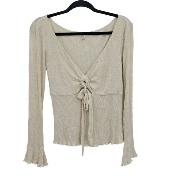 Free People Top M Cream Gold Shimmer Waffle Knit Tie Cutout Long Sleeve Bell - Picture 1 of 15